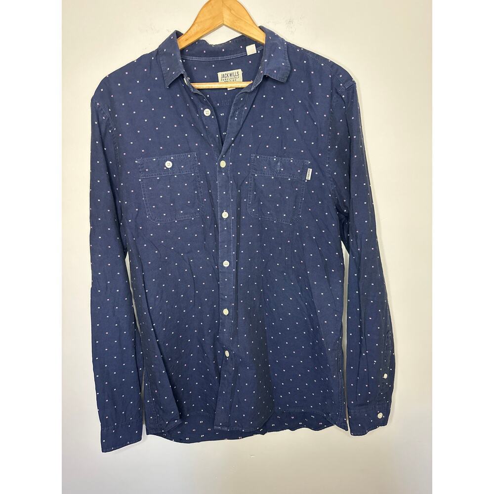 Jack Wills Fabulously British Long Sleeve Button Down Blue‎ White Pink Size L
